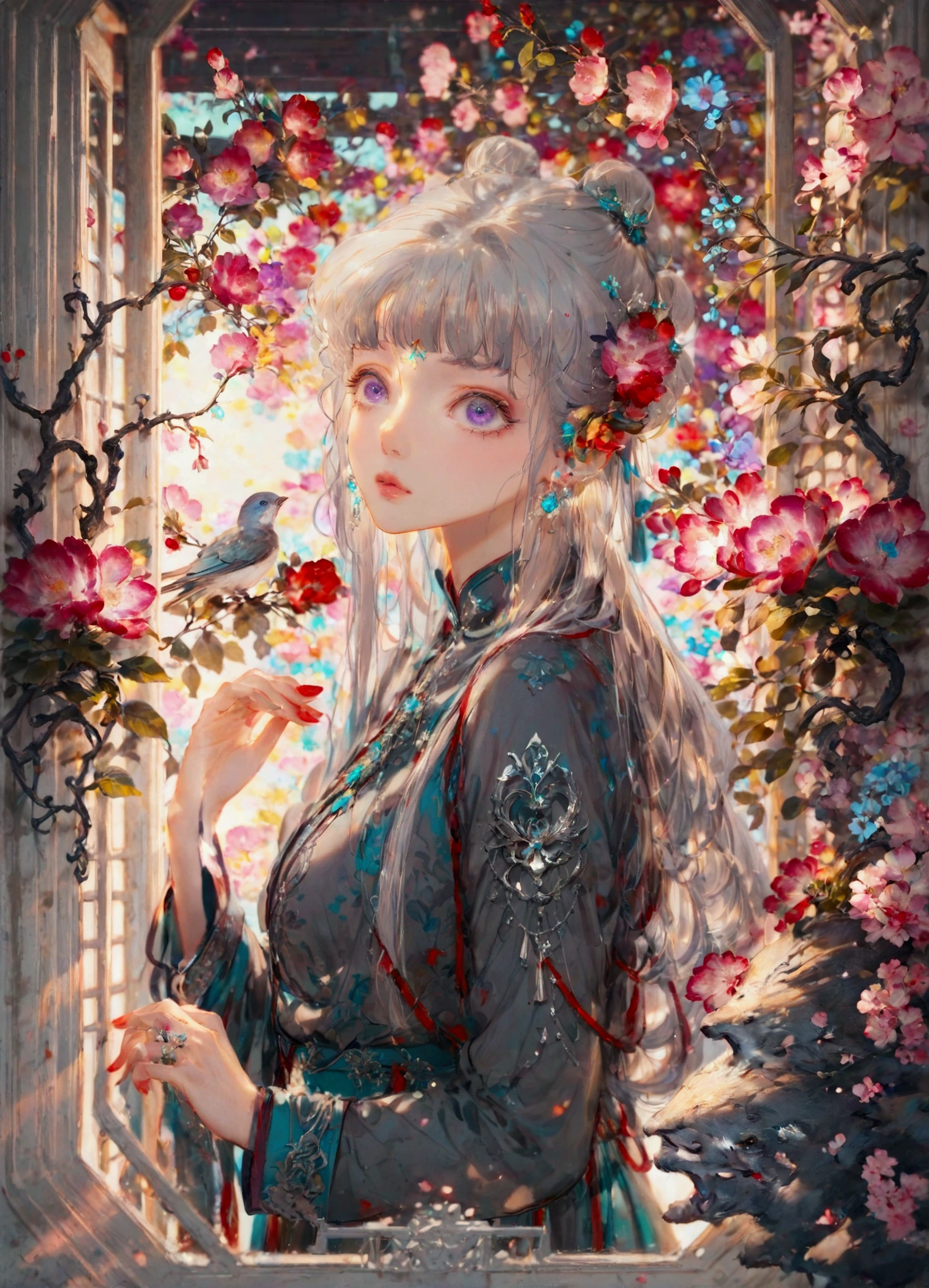 Highest quality、Delicate depiction、Beautiful woman、Silver Hair、Long Hair、Amethyst Eyes、Blue-gray military uniform、