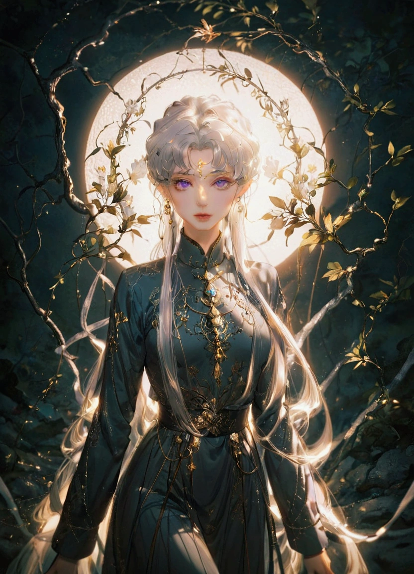 Highest quality、Delicate depiction、Beautiful woman、Silver Hair、Long Hair、Amethyst Eyes、Blue-gray military uniform、