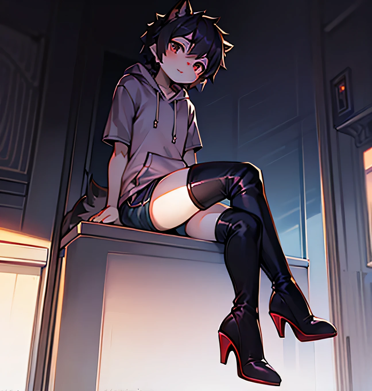 perspective:Close range from the side,alone, 1 person, sitting,Thighs,Black Hair,Shorts,the tail is fluffy, Short sleeve hoodie，Shota, Knee-high boots,Stiletto heels,