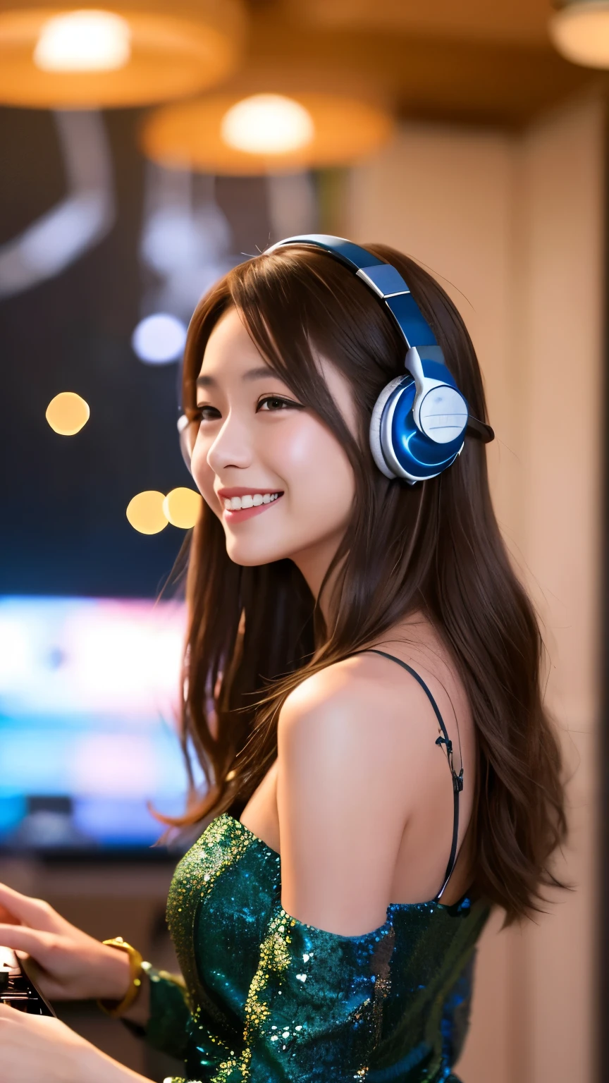 Generate an image of a beautiful hostess DJ wearing headphones and playing cool music。Her vibe is sophisticated and、Please use images that give the impression that you are at the center of the event。brown hair, dress、smile