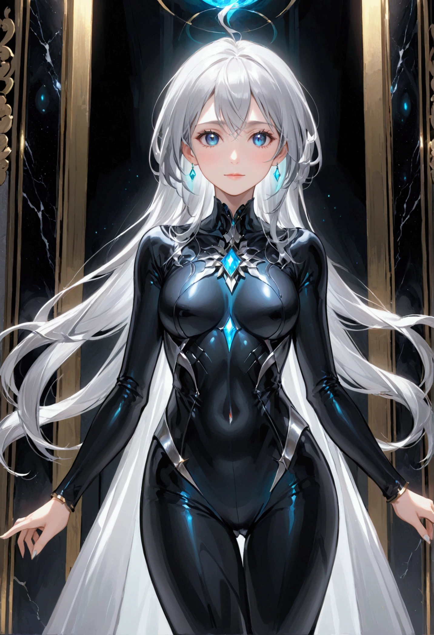 Mature Girl with silver hair,dark onyx eyes,tall rectangular body figure,