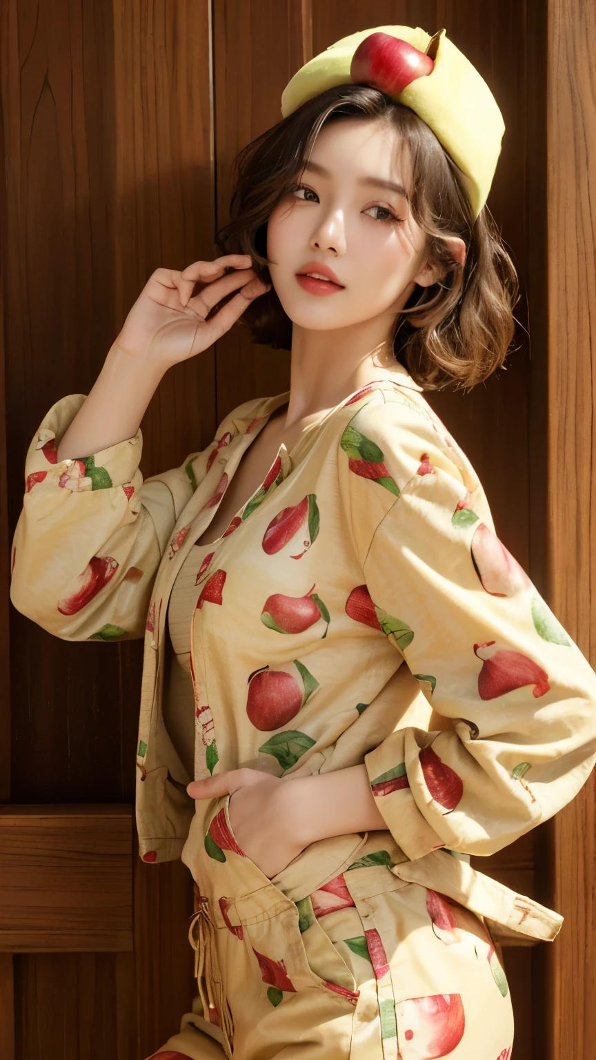 (Real, Highest quality, High resolution :1.3), One girl with a perfect body, Very beautiful face and eyes, Korean Beauty, (Slanted Eyes), Wavy short hair, (Wearing an apple on his head:1.2), honey, Apple print overalls, Apple print jacket, Colored Sunglasses,