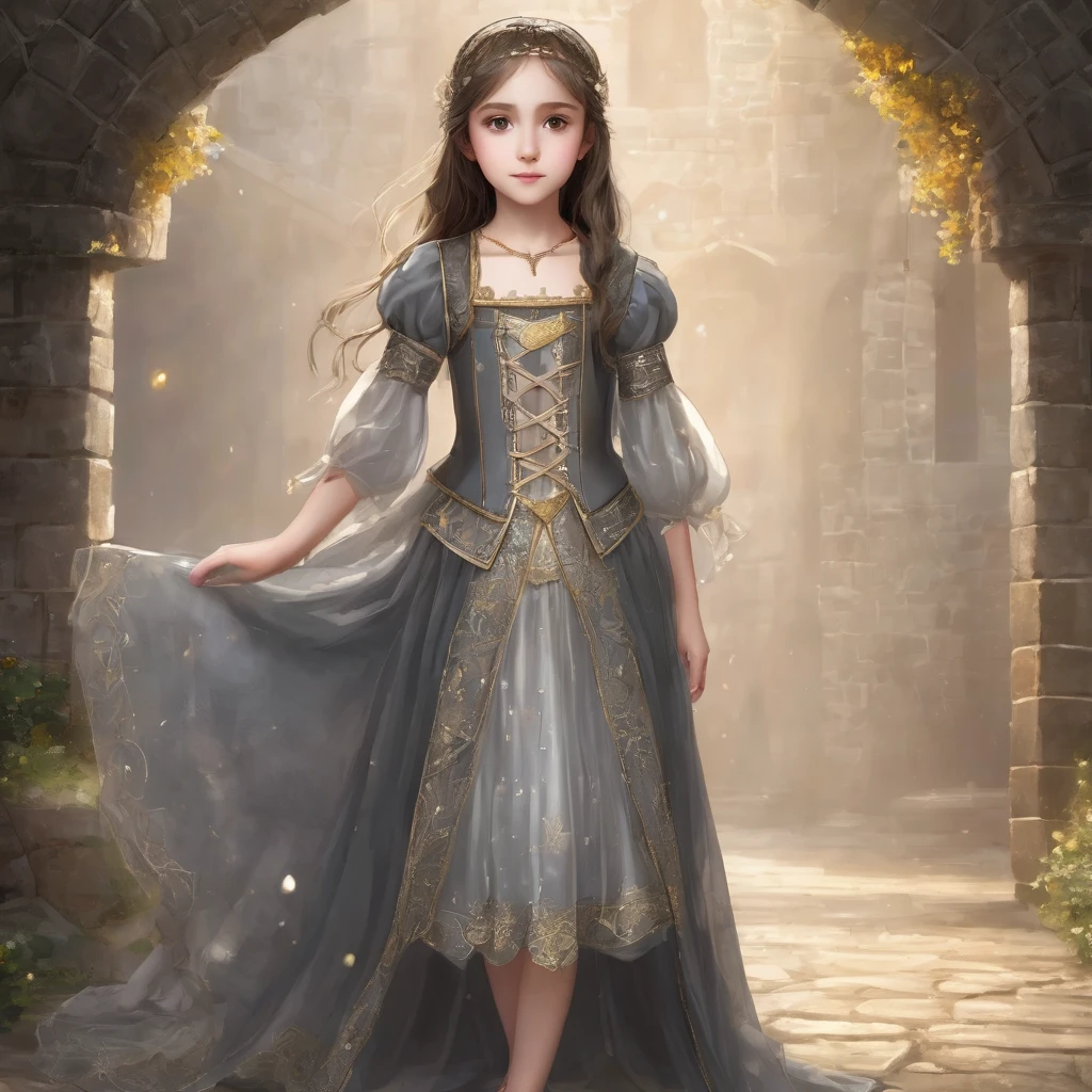 8 year old medieval girl, １people々、In underwear、Gold and silver thread embroidery、Translucent underwear that reaches below the knee（Bloomers）wear、wear a semi-transparent corset、Translucent slip, Grey translucent tights