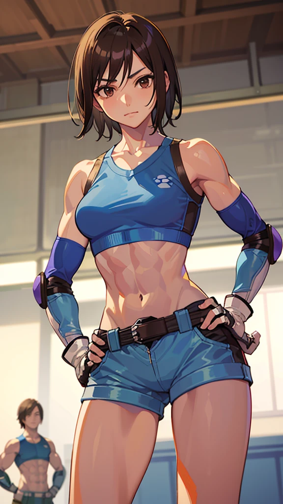 "(masterpiece、Premium Quality:1.2)、alone、1 girl(Kazama Asuka、Muscular Woman、Short brown hair、White skin、Brown eyes)、Cowboy Shot、A faint smile、Hands on hips、Tight clothing、Great for sports、Crop top、Shorts、(gloves:1.1)、internal、Elbow pads、abdomen、Trained abdominal muscles、Trained biceps