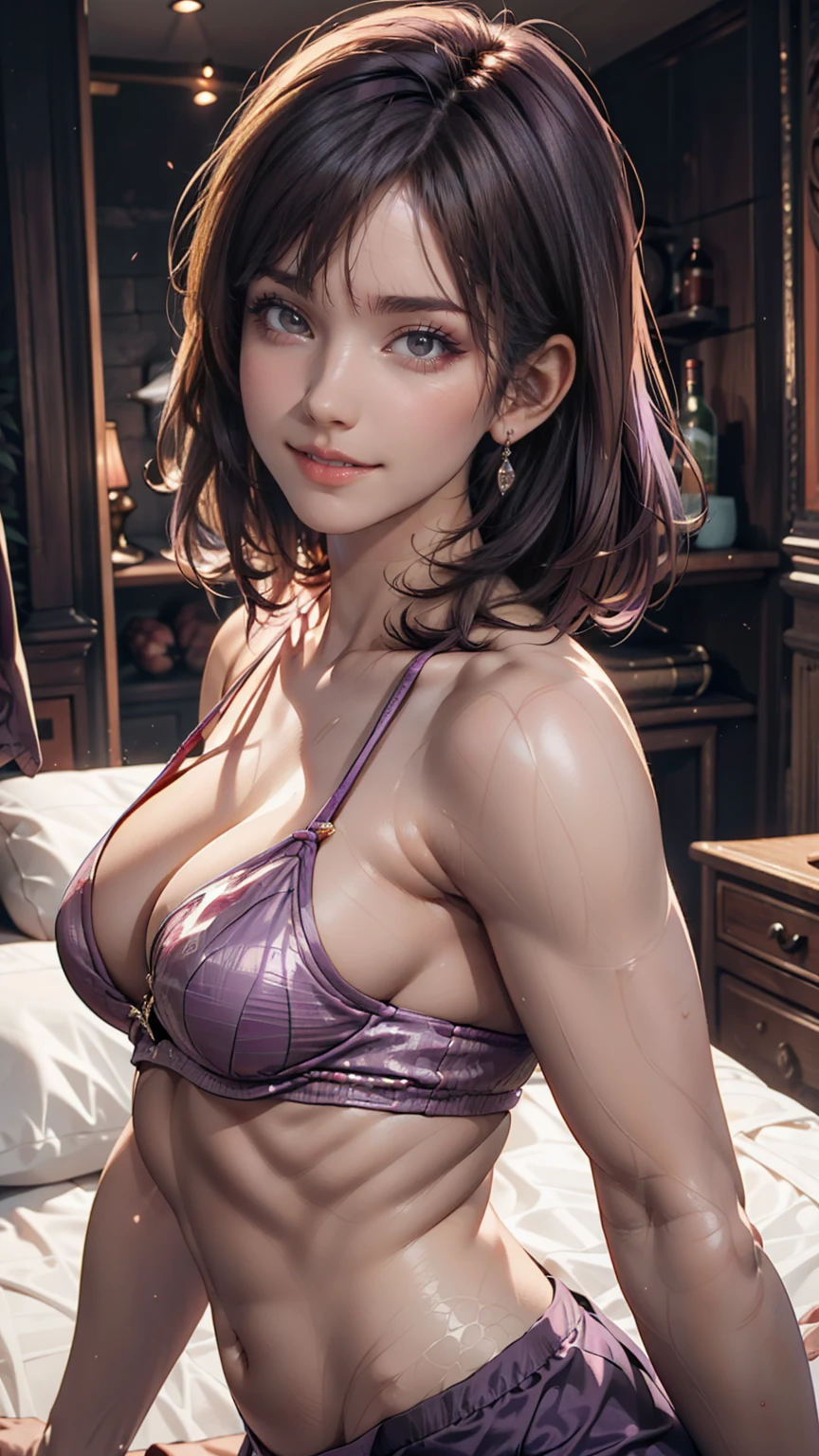 One girl, Mature Woman, masterpiece, spouse, goddess,short hair ,((Purple Hair))、24-year-old woman、Sexy proportionature female body、Sexy proportionakeup、Lips with red lipstick、Textured skin((textured skin))、smile、Constricted Wes