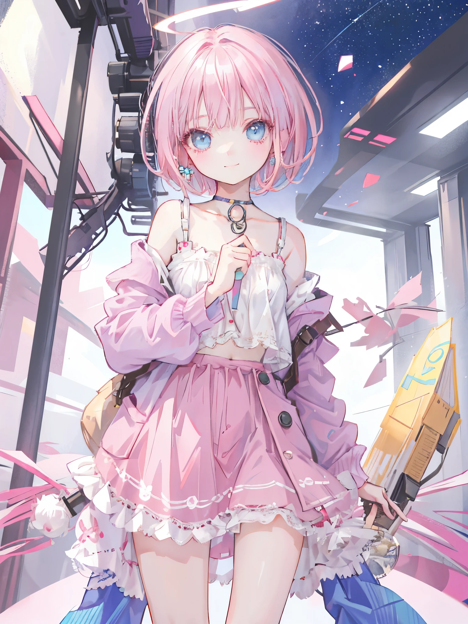 Highest quality,smile,girl,cute,Short Bob Hair,Pink Hair,Light blue eyes,Off-the-shoulder tops,mini skirt,