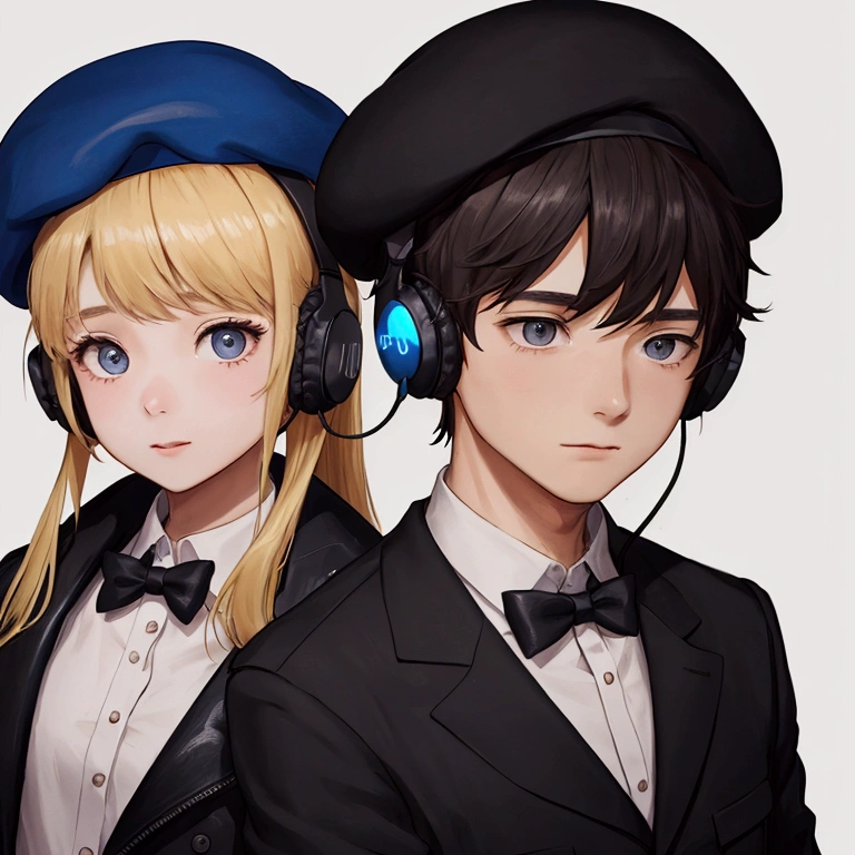 2 people, girl and boy, the girl is podcaster wearing headset ,only the boy is wearing beret, only show them from neck to head
