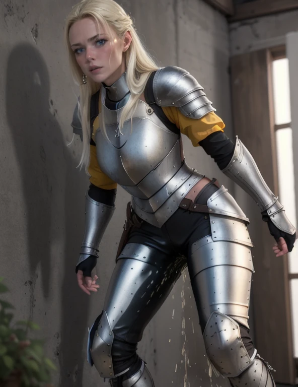 best quality, 8k high resolution, blonde dutch girl, 20 years old, blue eyes, european face, sporty statue, dungeons and dragons, pees her pants in fear, standing in front of a dragon lair, light leather armor, peeing her light creamcolored leather breeches, peestained breeches, visible wetness, pee running down her legs, wetness spreading on her breeches, peestained breeches, light metal chestplate