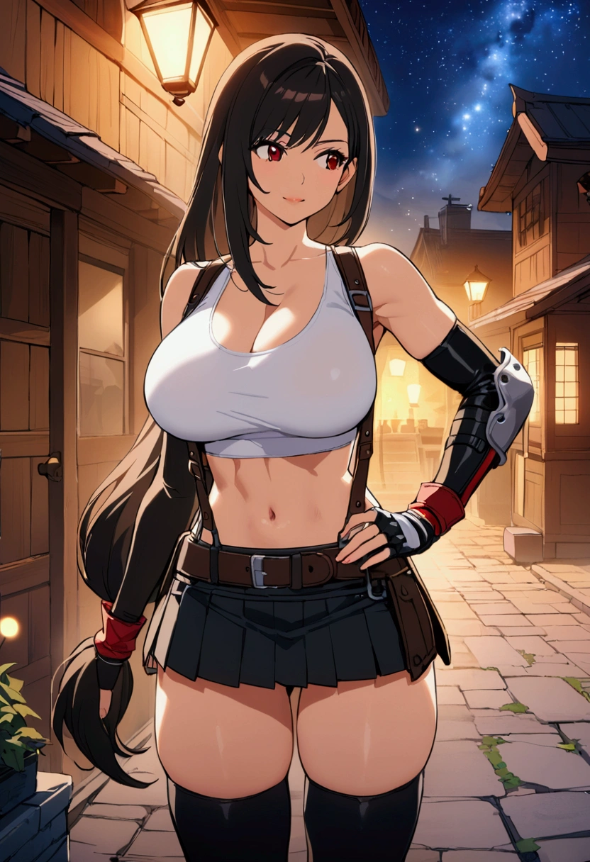 score_9,score_8_up,score_7_up,BREAK source_anime, masterpiece, best quality, (recent), perfect anatomy, very aesthetic,anime style,highres,　mediumshot,Solo,1girl, tifa lockhart, final fantasy,black hair, low-tied long hair, red eyes, bangs, (white tank top,gap),High exposure，the ribs,lips,eyeliner,(belt, pleated skirt, thighhighs, elbow fingerless gloves, elbow pads, midriff, navel,suspenders.skirt),beautiful waist ,(large_breast:1.3),light smile,,,outdoor,star sky,night, hands on own hip,skin tight, looking away, depth of field、beautifully lit,great lighting　　