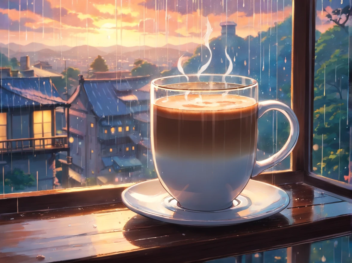 A mug of coffee on a stand in front of a glass window watching the rain fall
