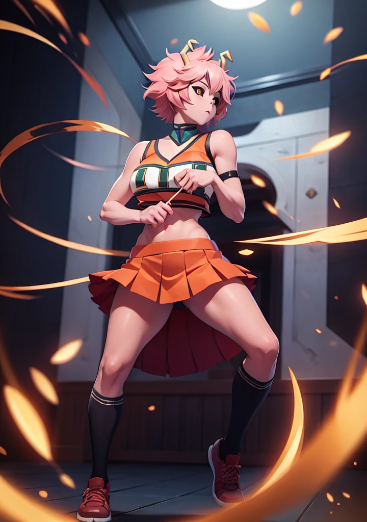 mina ashido, 1girl, solo, looking at viewer, short hair, simple background, yellow eyes, pink hair, horns, colored skin, colored sclera, black sclera, pink skin, U.A. CheerUniform, orange skirt, (bare belly), perfect shading, bare shoulders, big breasts