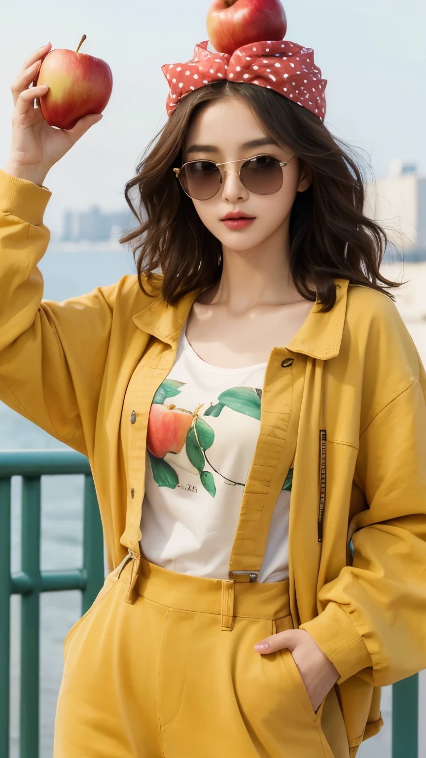 (Real, Highest quality, High resolution :1.3), One girl with a perfect body, Very beautiful face and eyes, Korean Beauty, (Slanted Eyes), Wavy short hair, (Wearing an apple on his head:1.2), honey, Apple print overalls, Apple print jacket, Colored Sunglasses, 