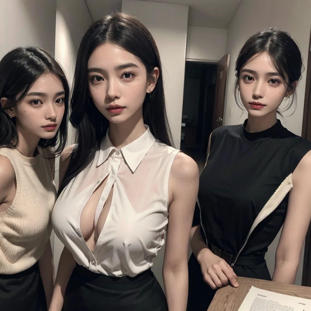 absurdres, RAW photo, extremely delicate and beautiful, masterpiece, Best Quality, ultra high resolution, 32k, hyperrealistic, ultra-detailed, in her 20s, delicate  features, tearful mole, earring, big breasts, full body shot, shorter middle hair, black hair, (((3 girls))), short pencil skirt, black shirt, collared dress shirt, sleeveless,