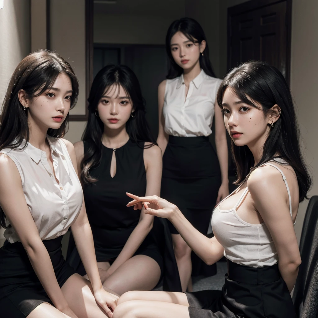 absurdres, RAW photo, extremely delicate and beautiful, masterpiece, Best Quality, ultra high resolution, 32k, hyperrealistic, ultra-detailed, in her 20s, delicate facial features, tearful mole, earring, big breasts, full body shot, shorter middle hair, black hair, (((3 girls))), short pencil skirt, black shirt, collared dress shirt, sleeveless,