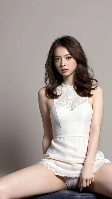 best quality,masterpiece,Ultra-high resolution,(Practical:1.4),original photo,Ultra-high resolution,8K,And women,White skin、Sheer White Lace Mini Dress,High heel,Long legs:1.5,(((Spread your legs apart:1.5))),Bright and beautiful,High waist,Use red eyeshadow to create a gorgeous look,Gray background,