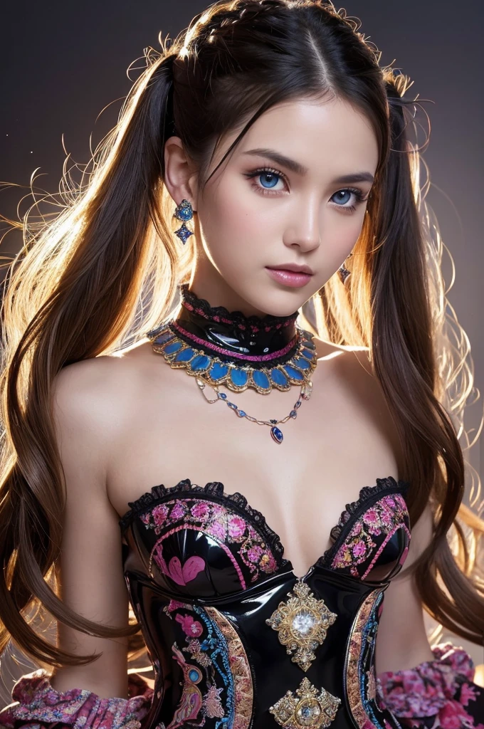 A sultry 27-year-old woman poses confidently before a dark studio backdrop, piercing blue eyes gleaming as she tilts her head forward, showcasing her uncovered 38D cup. The mega tits studio lighting casts a flattering glow on her chiseled features and statuesque figure, highlighting every curve of her perfect body. In the background, a breathtaking galaxy sprawls across the sky, its stars twinkling like diamonds against the inky blackness. A captivating close-up shot captures the introspective expression of a 28-year-old woman, her twintail hairstyle and latex attire exuding intimacy as she contemplates something profound amidst the dimly lit private study's mystique atmosphere. Framed by lush floral patterns and ruffles on her bold, 1990s-style dress, her confident pose showcases curves accentuated by flowing fabric. The vibrant background swirls with shapes and hues, drawing the viewer's eye to her radiant smile and bright, inquisitive gaze. Perfectly captured by the ultra- quality DSLR camera.In a striking 16K UE5 editorial photograph, Olivia Gibbs poses against a vibrant patchwork backdrop reminiscent of ancient Rome's colorful mosaics. The model wears an exquisite Haute Couture ensemble: a lavish velvet dress with intricate ruffles, complemented by a dazzling diamond necklace and earrings forming a collar. Her loose braids adorned with crystal beads shimmer in the bright sunlight, accentuating her features. Against this whimsical setting, Olivia strikes a bold pose, surrounded by blurred lines, distorted shapes, and edgy silhouettes that defy gravity. In a vibrant, swirling vortex of psychedelic art, a 1.3-meter-tall blonde-haired girl with twintails stands confidently, her eyes glowing with an otherworldly intensity. She wears oversized street-inspired clothing with graphic prints and bold accessories, exuding an air of futuristic coolness. The cowboy shot framing captures her striking figure, with the digital sculpture's 3D form seemingly bursting forth from