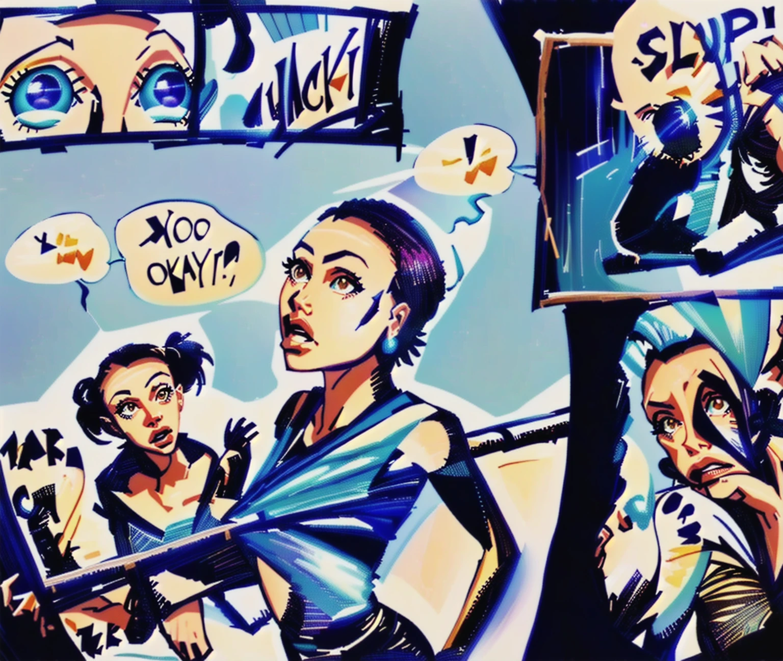 Master Piece, best quality, (extremely detailed CG unity 8k wallpaper), (best quality) 8k detail, 90s comic book style, a drawing of a comic strip of 4 panels, panel 1 is a thin rectangular panel on top left, panel 2 is a square on the top right, panel 3 is a large full page panel that the other 3 panels are inside, panel 4 is on the lower right. panel 1 is a close up of a black woman's eyes, a long stick can be seen in her brown eyes. panel two is of a reaching for the woman who is looking up. panel 3 is full page shot of the woman looking straight ahead and her daughter is reaching for the woman. panel 4 is a scene of a woman falling into a vortex with the profile of a small girl watching. color full comic illustration, comic art ”, comic drawing, comic page, comic artwork, stylized comic art, comic art, comic panel, inspired by 90's comic art, inspired by Paris Karounos
