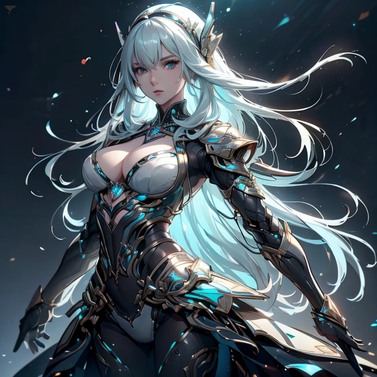 (artwork, highest quality, highest resolution, distinct_image, detailed details): (8K, 4K, best quality, High resolution: 1.2), artwork, Ultra-detailed, hyper details, cinematic Light, Alone, woman, long white hair, tight metallic clothes, black white and blue clothes, fighting robot, mature, perfect body, thin waist, crossed arms, heroine pose, full body, looking at the viewer, detailed_background, full_body, dynamic_angle