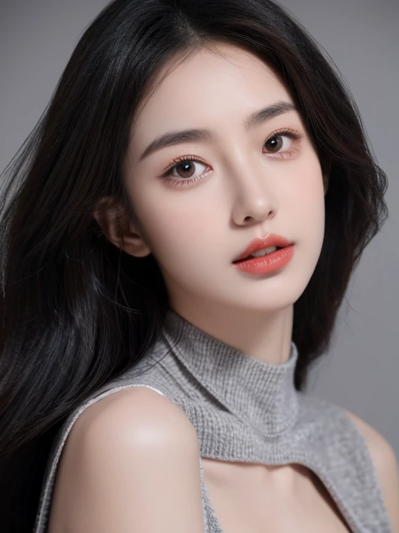 (lifelike,high resolution:1.3), Slim girl, The face shape and eyes are super delicate,Black Hair,Red and shiny lips,(Pretty Face), (best quality), (Extremely detailed), (Extremely detailed CG unified 8k wallpaper),((Grey tight sweater)),(White background),(A little cleavage),(Model Photos),Sexy look,big eyes,(Everlasting),(Short skirt),Focus on your audience,Soft breasts,Very real breasts,Straighten your chest,Character-centered,Black Hair,Sexy pose,
