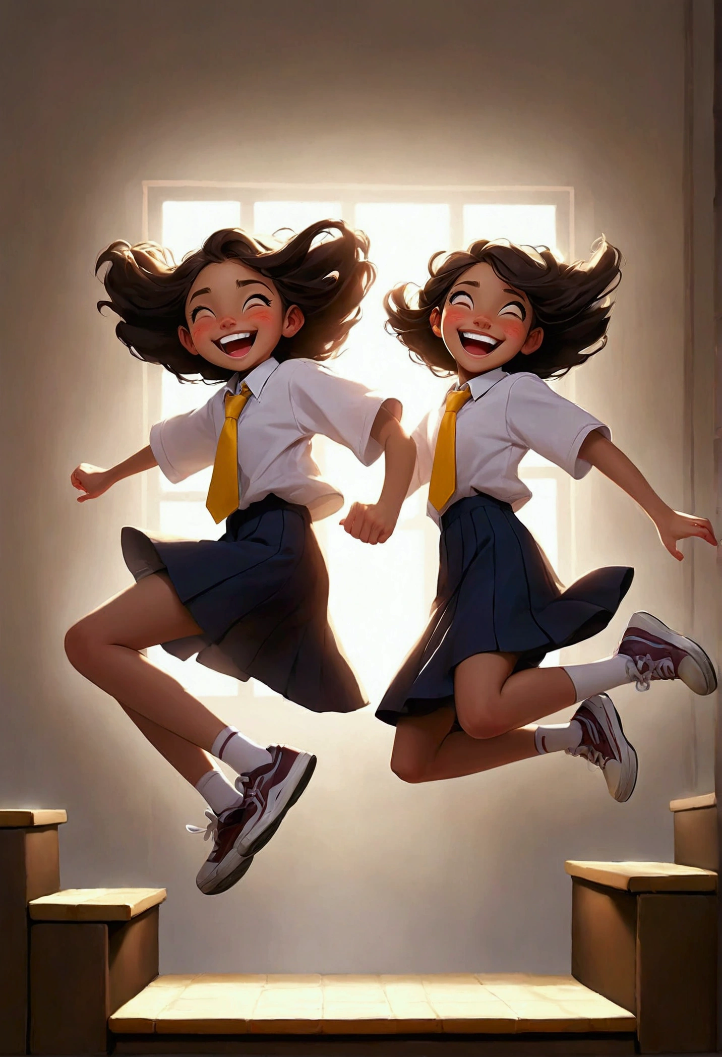 Smiling junior high school students jumping