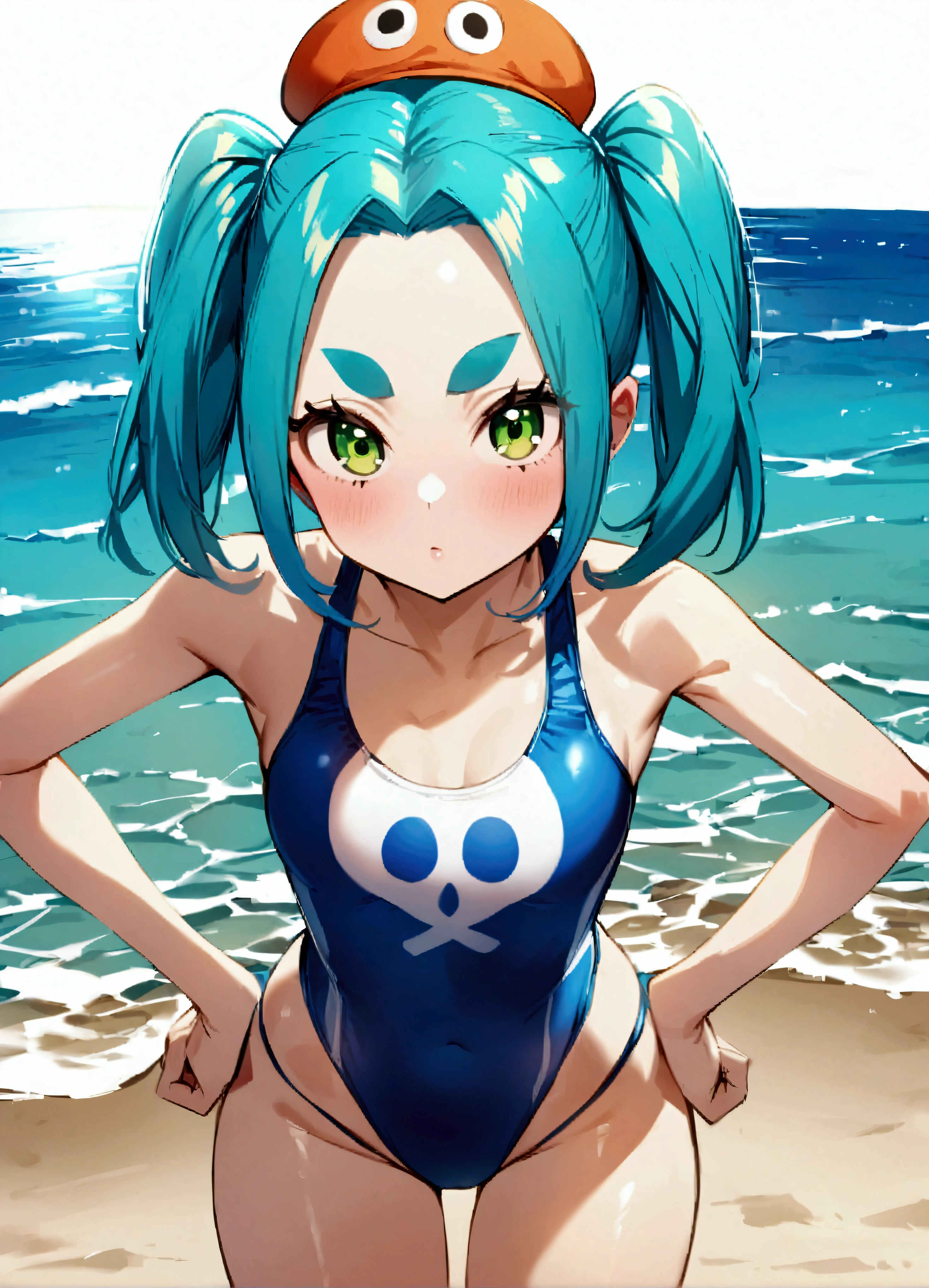 score_9, score_8_up, score_7_up, source_anime, rating_explicit, beautyful woman, cerebella from skullgirls, orange bikini, in beach, sit in water