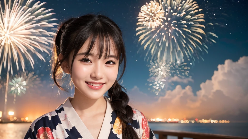 kawaii, (1girl), (happy smile:1.2), (yukata), Ponytail, (Best Quality:1.4), Realistic, extremely detailed CG unified 8k wallpaper, highly detailed, High-definition raw color photos, professional photography, Realistic portrait, Beautiful detailed, Close up portrait of girl, Outdoors, Beautiful scenery, beach, (The night sky, fireworks, beautiful fireworks spreading across the sky:1.4), so beautiful, upper body photos, amazingly beautiful sight, A wonderful, (Fine face:1.2),