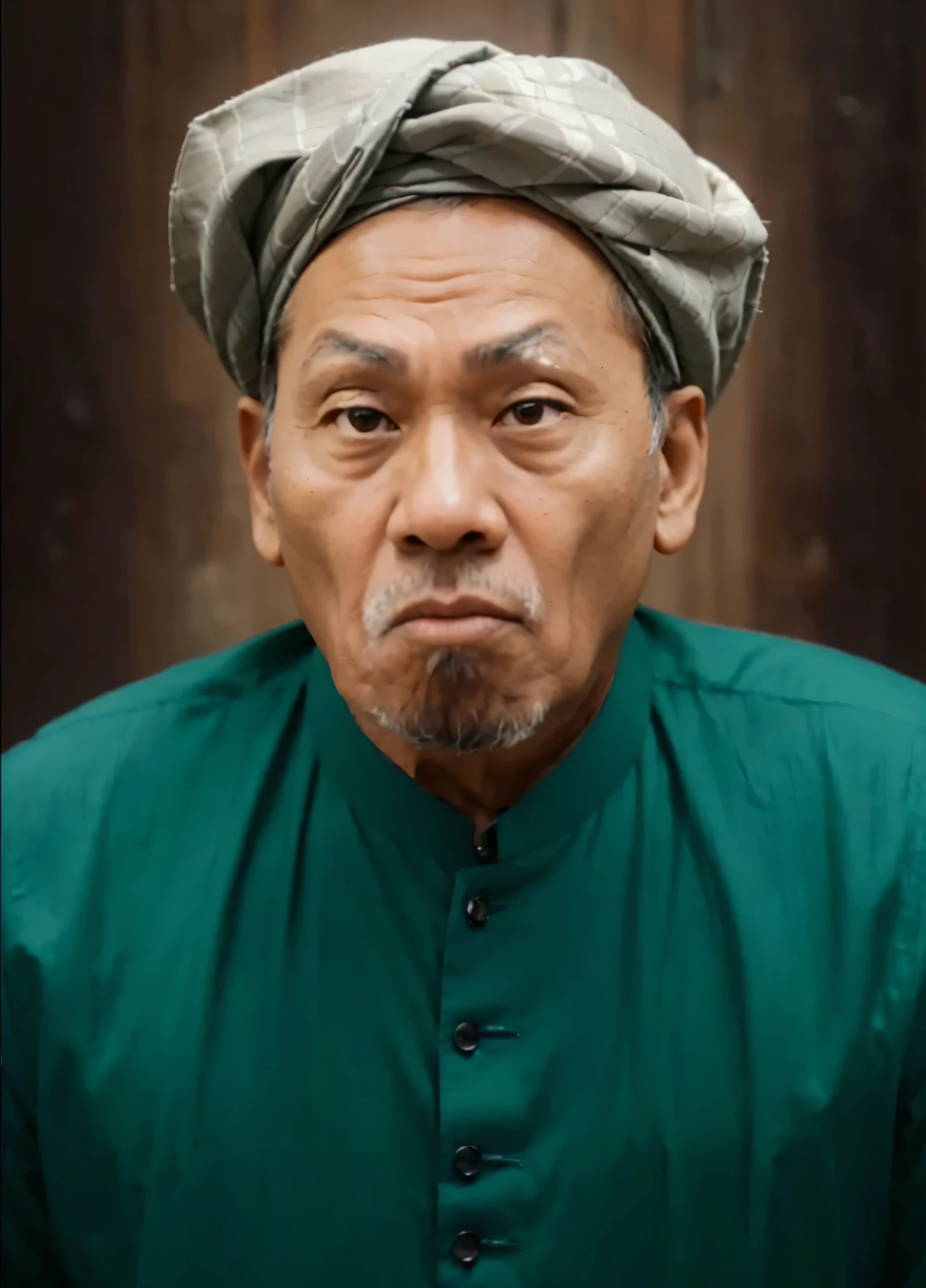 Indonesian Muslim man aged 65 years or over, brown skin, big sharp nose, slightly narrow but clear eyes, wide thick eyebrows, closed mouth, slightly thick lower lip. His wide face is slightly oval in shape. Maintain facial expressions as original. wearing a white turban. wearing plain blue Islamic clothes. HD quality realistic images.