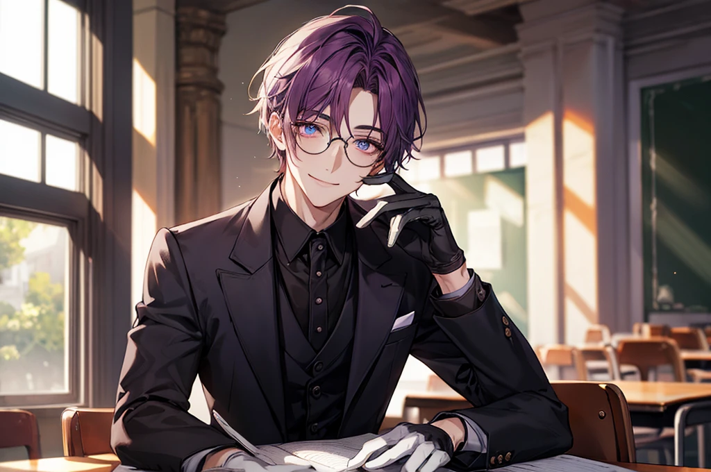 men's,short detailed hair,violet colored hair,(Eye 1:2,Clear eyes,Elaborate Eyes,Delicate pupils,Good eyes,eye detailed),Face Focus,Adult,In black suit,best qualtiy,facial detailing,Classroom,sit on desk,sitting in the couch,lazy,Detailed background,diffuse sunlight,depth of fields,Studying Smiling at your desk, violet eyes,black gloves, round glasses, long sleeves,violet hair, smile,