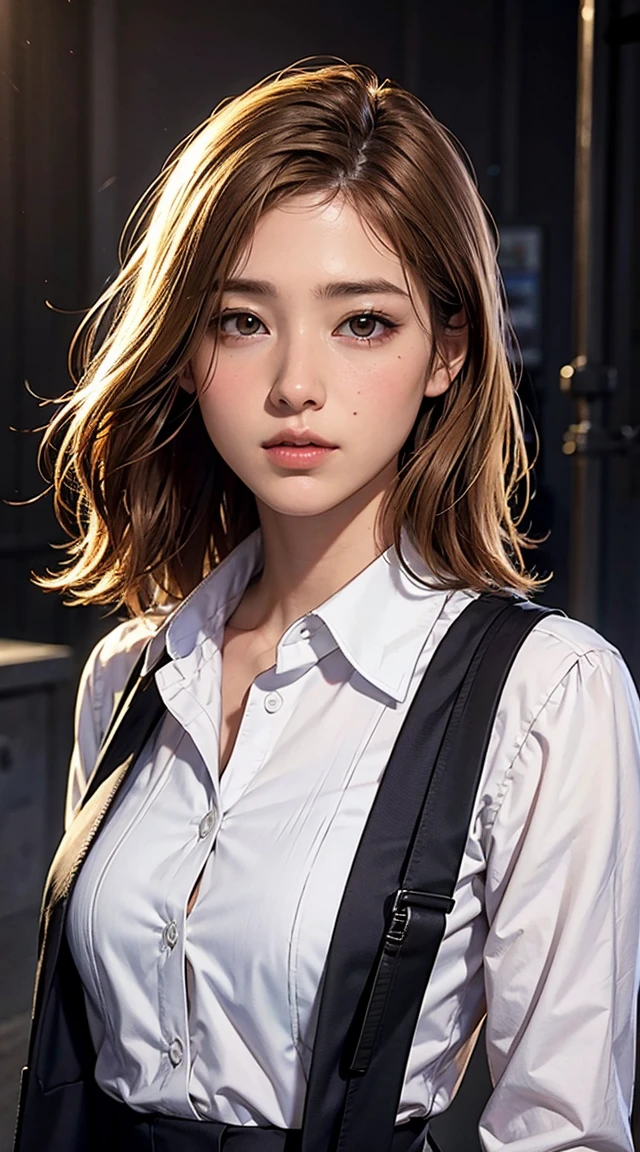 Highest quality, Ultra-high resolution, (Realistic:1.4), One Girl, Button-down shirt, Black Skirt, School, Dark brown hair, chest, (blonde:1.2), View your audience, (Highly detailed face:1.1),,  (Pyros Face_v1:0.8),Tick tock,  