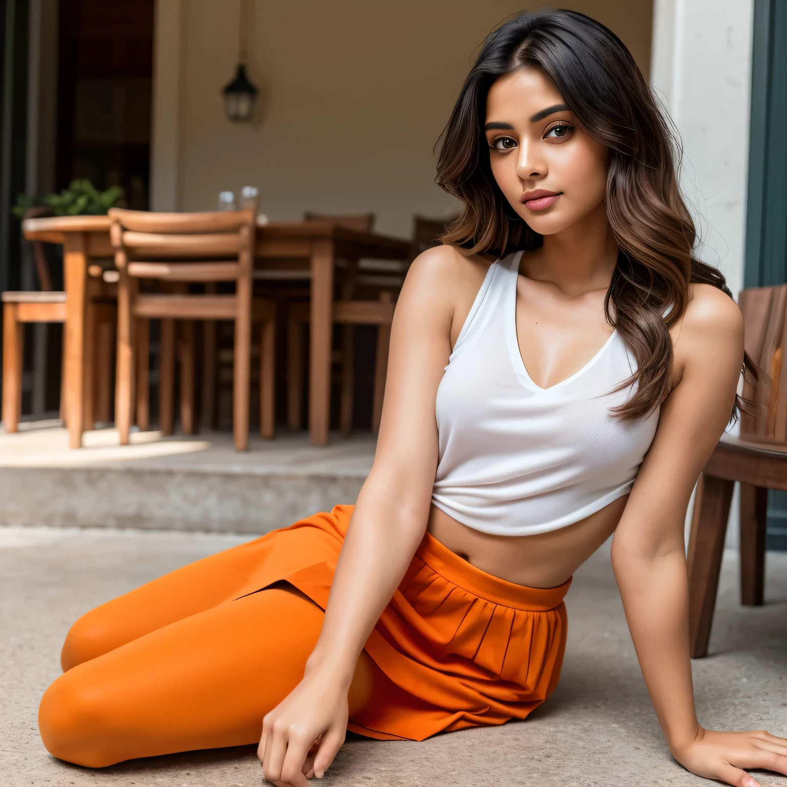 (best quality, ultra detailed, realistic: 1.37) A vibrant 25-year-old Indian influencer model with styled light brown long wavy hair and deep brown eyes exudes charm in a red tank top, sharing drinks with friends, without makeup, natural makeup, looking directly at the camera, subtle makeup, stunning full body shot, attractive pose, high detail, wearing orange boots, skirt