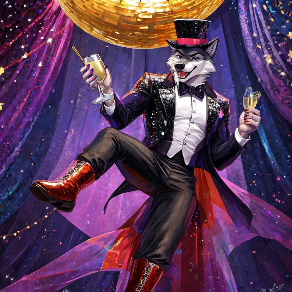 A wolf in a shiny sequin jacket and dark trousers and boots, and a top hat hanging on a disco ball with a glass of champagne in his hand, three-quarter angle