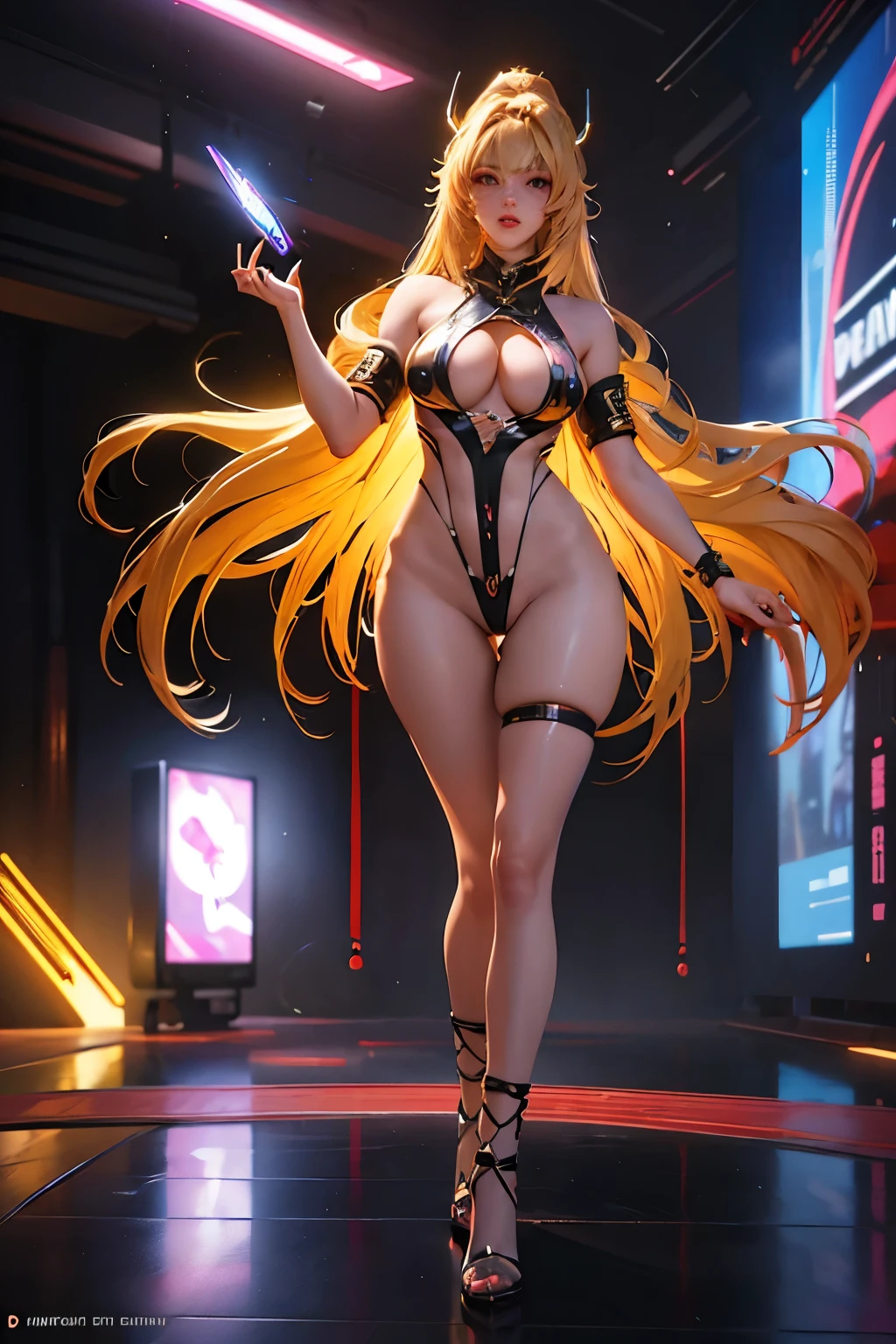 anime girl with long blonde hair standing next to a yellow sports car, azur lane style, wlop and krenz cushart, Beautiful Face, cyberpunk theme, colorfull Theme, Fiverr Dnd Character, Octane Render, Digital Art, Extreme Detail, 4k, Ultra Hd, Polished, Beautiful, Hyperdetailed, Intricate, Elaborate, Meticulous, Photorealistic, Sharp Focus, Wlop, Character Design, Unreal Engine, 3d Rendered, Volumetric Lighting, Reflections, Glossy, Digital Illustration, Sensual Pose, Suggestive Pose, Lewd, Full Body Shot, anatomically correct 💖❤💕💋❣