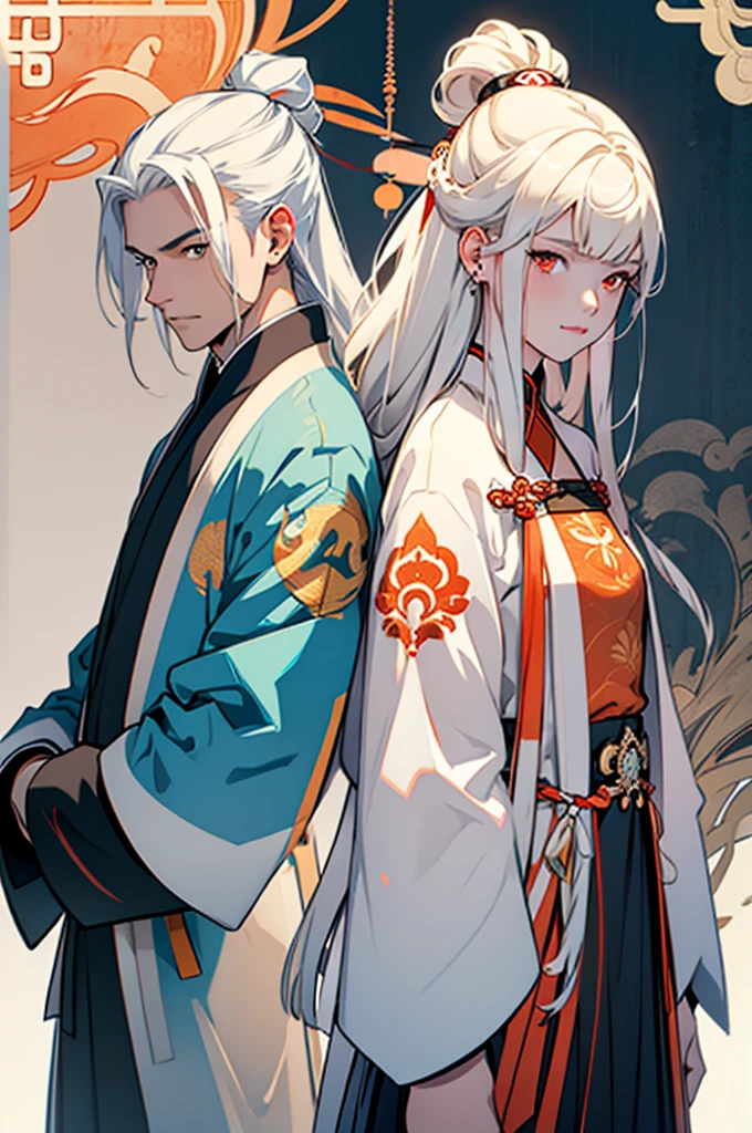 t32k, best quality, masterpiece, super detail, high details, one girl and one boy, two characters who are friends,long white hair,long hair man, white hair young woman in white , blue and orange clothes , red eyes girl with bangs, back to back , calm expression, ancient china , flat background, Chinese pattern background, holding sword, smiling
