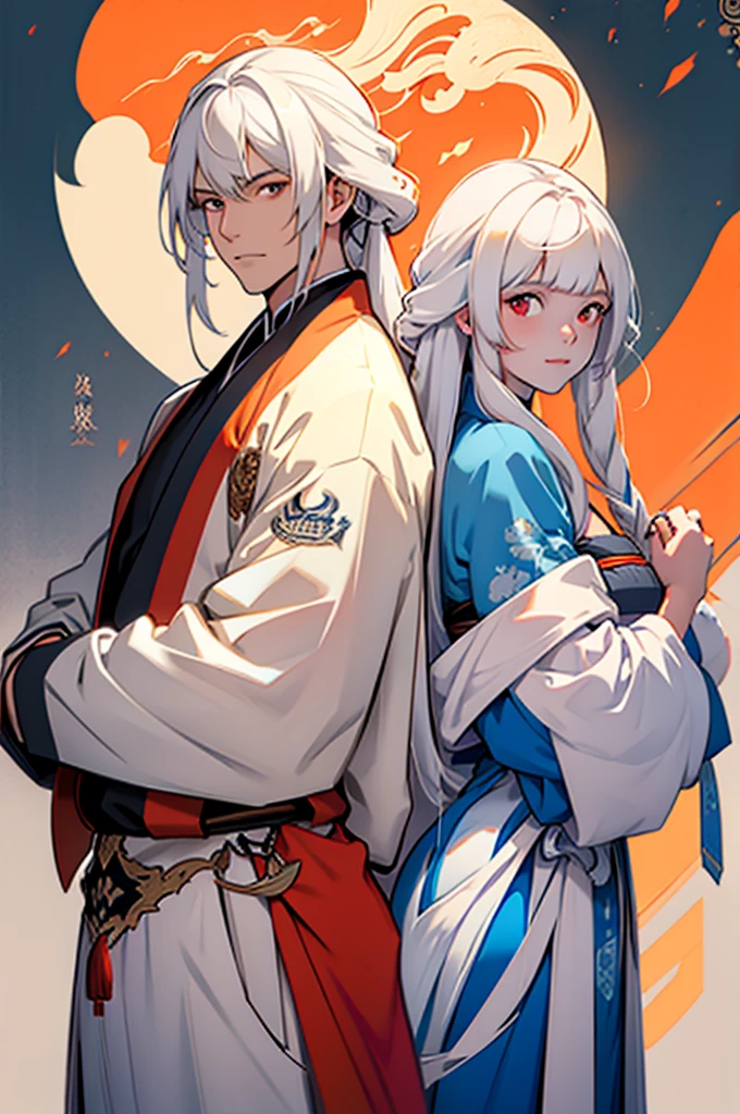 t32k, best quality, masterpiece, super detail, high details, one girl and one boy, two characters who are friends,long white hair,long hair man, white hair young woman in white , blue and orange clothes , red eyes girl with bangs, back to back , calm expression, ancient china , flat background, Chinese pattern background, holding sword, smiling