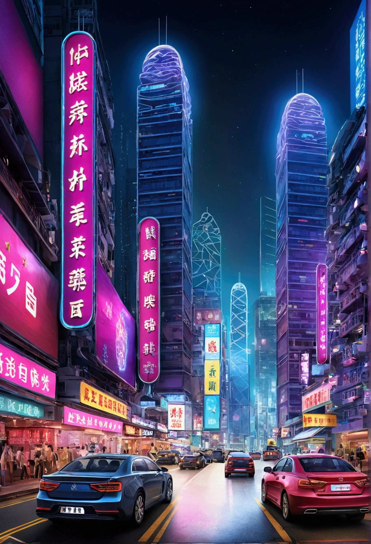 Futuristic style Hong Kong。There are several mirrored buildings with vibrant lighting and lots of twinkling lights.、Beautiful image set of realistic ultra-high resolution billboard style wallpapers and、There are many realistic buildings with shiny car signs。