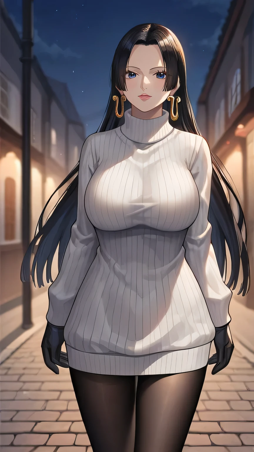 Mature woman, source_anime,score_9,score_8_up, score_7_up, 1girl,solo,outdoors,one piece, boa hancock, sweater dress, mini sweater, loose sweater, pantyhose, black pantyhose, turtleneck, ribbed sweater, gloves, night, street, standing, cowboy shot,