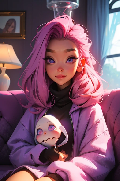 Perfect face. Perfect hands. A pink haired female reaper with violet eyes and an hourglass figure in a cute sweatshirt dress is laying on the couch with a tired smile