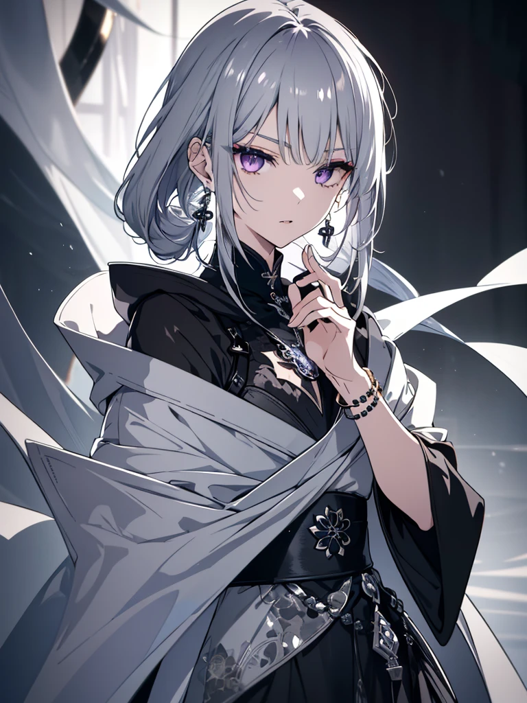 8k,High resolution RAW color art,Anime Art, (((Very detailed and cool))), Detailed skin, Blur、texture,(Exquisitely crafted, The finer details, Ultra-detailed art), (((One boy))), Depth of written boundary, Silky Touch, Hyper Detail, (((Cool face))), eye shadow、Silver Marble Skin, Beautifully detailed purple eyes, Beautiful lip detail, Very delicate face, Delicate depiction of hair and eyes, Detailed Fashion, Silver earrings,Silver Bracelet、Full body depiction, Black high neck、black waist cloak、 A little bit of grey hair、Semi-long hair、(((Hair)))、water surface、silk clotheatte、Soft clothes
