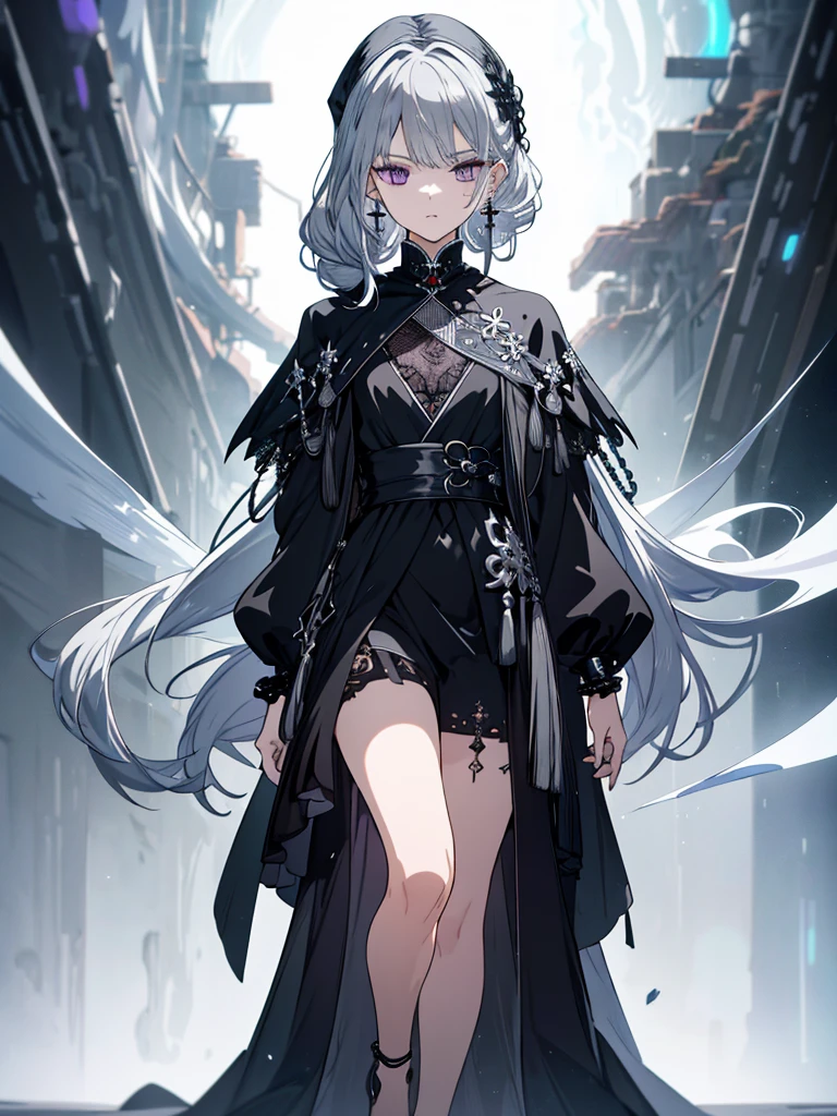 8k,High resolution RAW color art,Anime Art, (((Very detailed and cool))), Detailed skin, Blur、texture,(Exquisitely crafted, The finer details, Ultra-detailed art), (((One boy))), Depth of written boundary, Silky Touch, Hyper Detail, (((Cool face))), eye shadow、Silver Marble Skin, Beautifully detailed purple eyes, Beautiful lip detail, Very delicate face, Delicate depiction of hair and eyes, Detailed Fashion, Silver earrings,Silver Bracelet、Full body depiction, Black high neck、black waist cloak、 A little bit of grey hair、Semi-long hair、(((Hair)))、water surface、silk clotheatte、Soft clothes