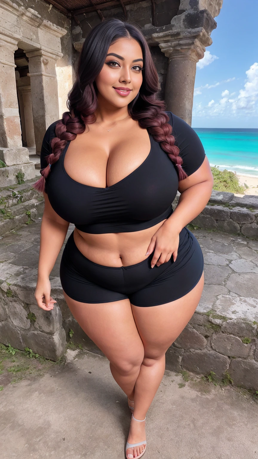 gorgeous curvy plus size Indian bengali actress ritavori , glowing eyes, wearing SHEIN Frenchy Women's Summer Solid Color Batwing Short Sleeve Casual Loose T-Shirt Back To School Women T Shirt , covered Bust, parted lips, blushing cheeks, thick thighs, bigger waist, busty, curvy plus size body, full body, full body shot, head to toe view, smoothning burgendy color hair with pfrench braid hairstyle, hourglass body, curvy plus size body, smile face, bigger waist, busty, big hips, fleshy thighs, thick thighs, busty, full body view, Tulum Ruins, Mexico: Ancient ruins overlooking the Caribbean Sea.
