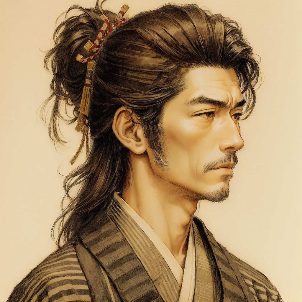 Image of a man in his 50s with a ponytail and a striped shirt, shikanosuke yagaki, taisho roman, Authentic shiro, Yasunari Ikenaga, Kentaro Miura art, takehiko inoue, Hakusensha, takumi fujiwara, Written by Kano Naizen, Authentic, samurai portrait