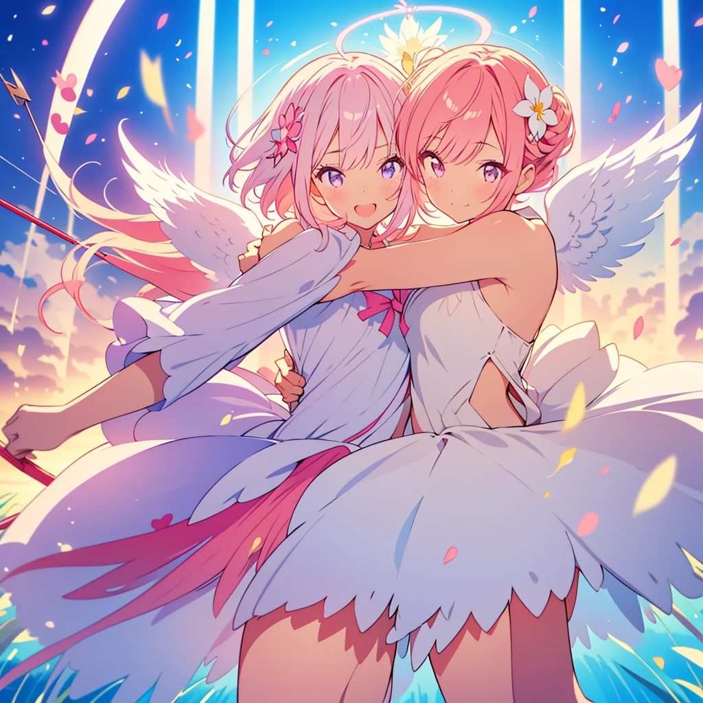 kawaii, anime, Cute, hyper quality, highly detailed, 8k, Clarity, A girl with bright pink smooth short hair and scarlet eyes., Hold cupid's bow, Detailed facial expressions, lily flower field, Close one eye and wink, pure, kindness, trust, soft smile, angel wings on the back, heaven, heaven, happiness, feeling of happiness, magic effect, angel wings dance, rainbow color effect, iris effect, light atmosphere, sky temple, highlight on eyes, Halo, iris arc, Expanding perspective, Holding a pink bow and arrow with a heart motif, Pose with movement, white lily garden, lily petals dance, heart bow and arrow, shoot a bow, angel costume, Magical girl, close your legs and jump,