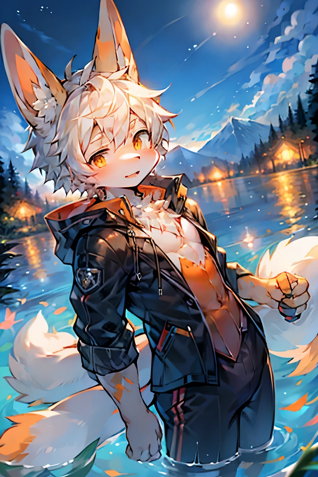 Rabbit characteristics,Bunny ears,bunny boy,Furry boys,White hair,Orange Skin,Brave Suit,Lake bright background