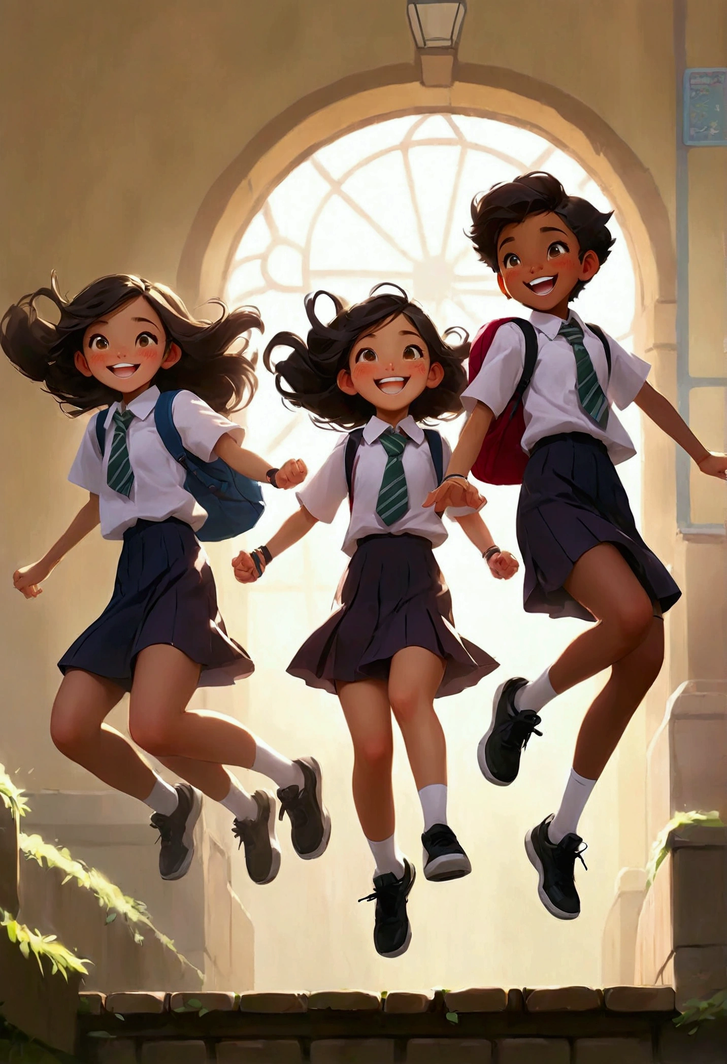 Smiling high school students jumping