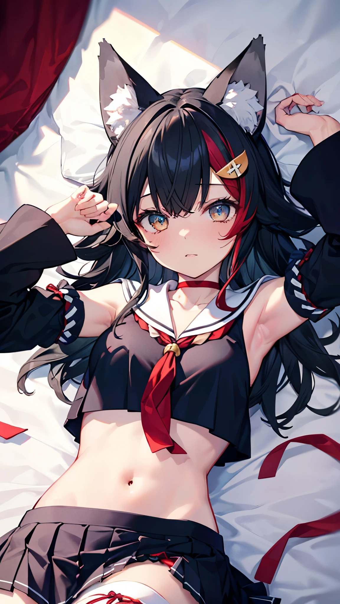 (best quality:1.2), (ultra detailed:1.2),(masterpiece:1.2),(8k:1.2),(miosha1, hair ornament, Wolf tail, red choker, black shirt, sailor collar, detached sleeves, black skirt, pleated skirt, white thighhighs, midriff, Bell, rope),(Blessed,Captivating body、Ultra detailed hands、Ultra-detailed eyes、Ultra-detailed skin、ultra-detailed face,Detailed Background),One Girl、(bedroom,lie down,arms up:1.4),(Embarrassing:1.5)