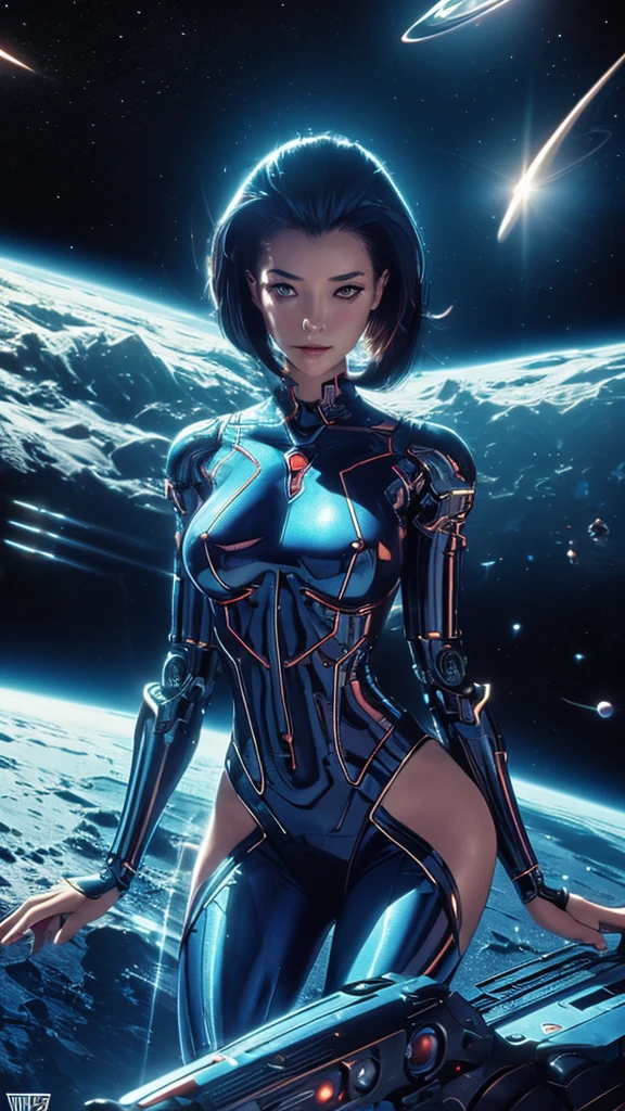 1girl,(concept art:1.0),(Taimanin Asagi style:1.3),woman wearing a bodysuit,(Face to shoulder:1.4),(big eyes:1.3),(beautiful face:1.3),(thin smile),(The background is the moon:1.1),(from below),masterpiece,8k,Super detailed.High resolution