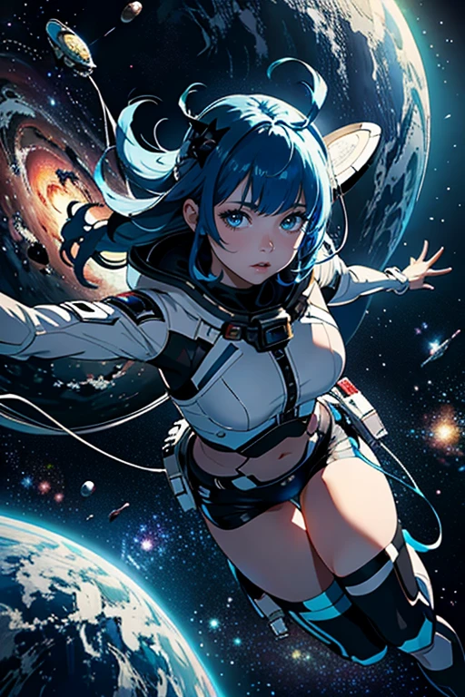 Highest quality, detailed, 4K, RAW Photos, masterpiece, detailed face,, performer, planet, Milky Way, space,, a photo of アニセマー flying in space, Blue Hair, bangs, Long Hair, View your viewers, 