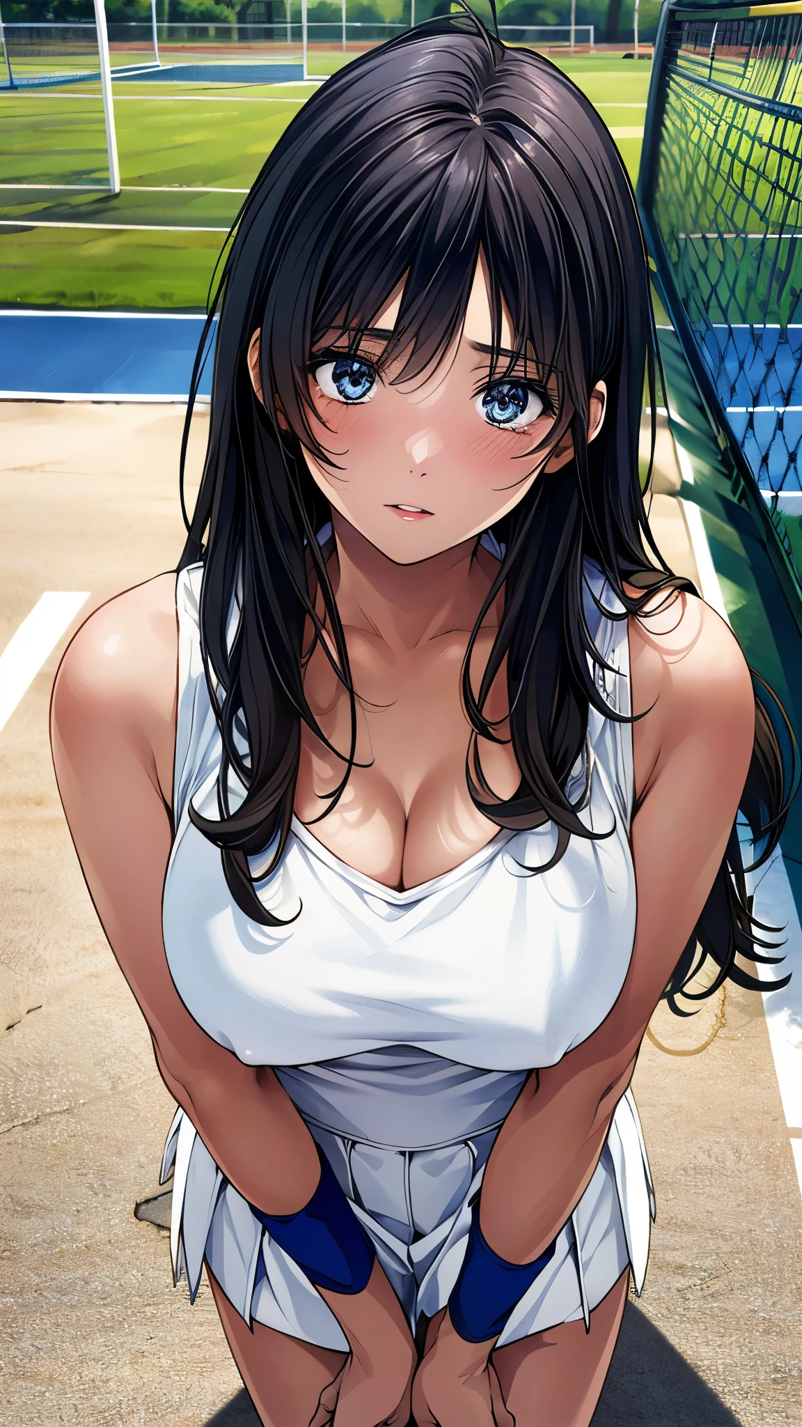 (masterpiece:1.2, top-quality, ultra high res, ultra detailed), (realistic, photorealistic:1.2), beautiful illustration, perfect lighting, natural lighting, colorful, depth of fields, nsfw, vulgality,
beautiful detailed hair, extremely detailed face, beautiful detailed eyes, beautiful clavicle, beautiful body, beautiful chest, beautiful thigh, beautiful legs, beautiful fingers,
looking at viewer, (from above), 1 girl, kitamurakaori, (perfect anatomy, anatomically correct, super detailed skin), cute and symmetrical face,
perfect face, perfect eyes, perfect body, perfect fingers, (skindentation), white skin, shiny skin,
(long hair, straight hair, messy hair:0.6, black hair), swept bangs, blue eyes, drooping eyes, long eyelashes, (large breasts, large hip, seductive thighs), slender, outstanding style,
(white tennis tanktop, white tennis skirt, blue tennis wristbands),
(beautiful scenery), evening, (street:1.2), standing, (docile, parted lips),