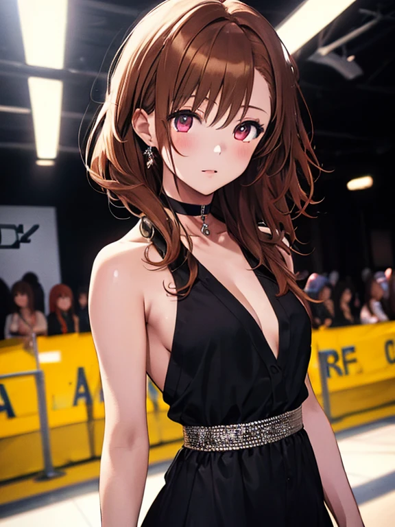 Runway, Fashion Model, Misaka Mikoto, 1girl, black choker, uhd, retina, masterpiece, ccurate, anatomically correct, textured skin, super detail, high details, high quality, best quality, highres, 4K