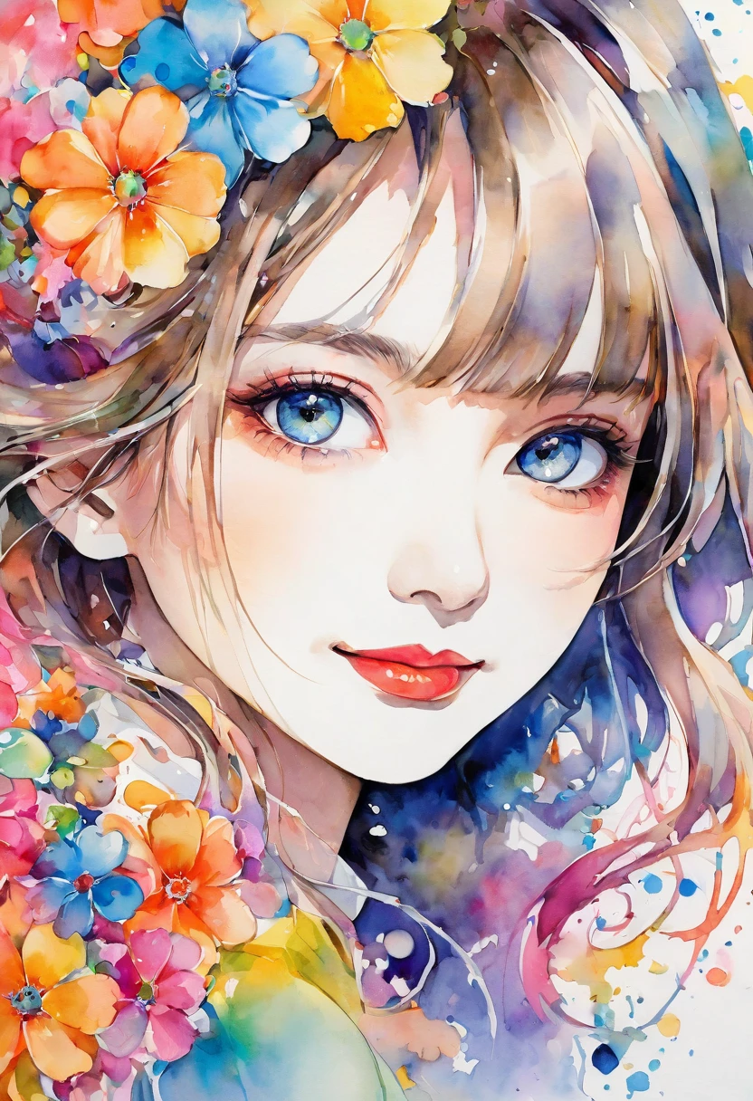 beautiful woman portrait, cute smile, Sylvia Pelissero watercolors, colorful flowers, beautiful eyes, upper body, abstract art, intense watercolor, watercolor detailed art, watercolor splash, surreal, avant-garde pop art, Beautiful and expressive paintings, Beautiful artwork illustration, very colorful tones, wonderful, cool beauty, highest quality, official art, women only, sharp outline, best shot, vector art, lips in love、 (((The strongest beautiful women of all time))), (((Japanese)))、clear, (((highest quality))), lips in love, HDR, ((Detailed details)), stylish fashion, detailed clothing texture, (((graffiti art))), colorful hair, ((masterpiece))、((Super detailed))